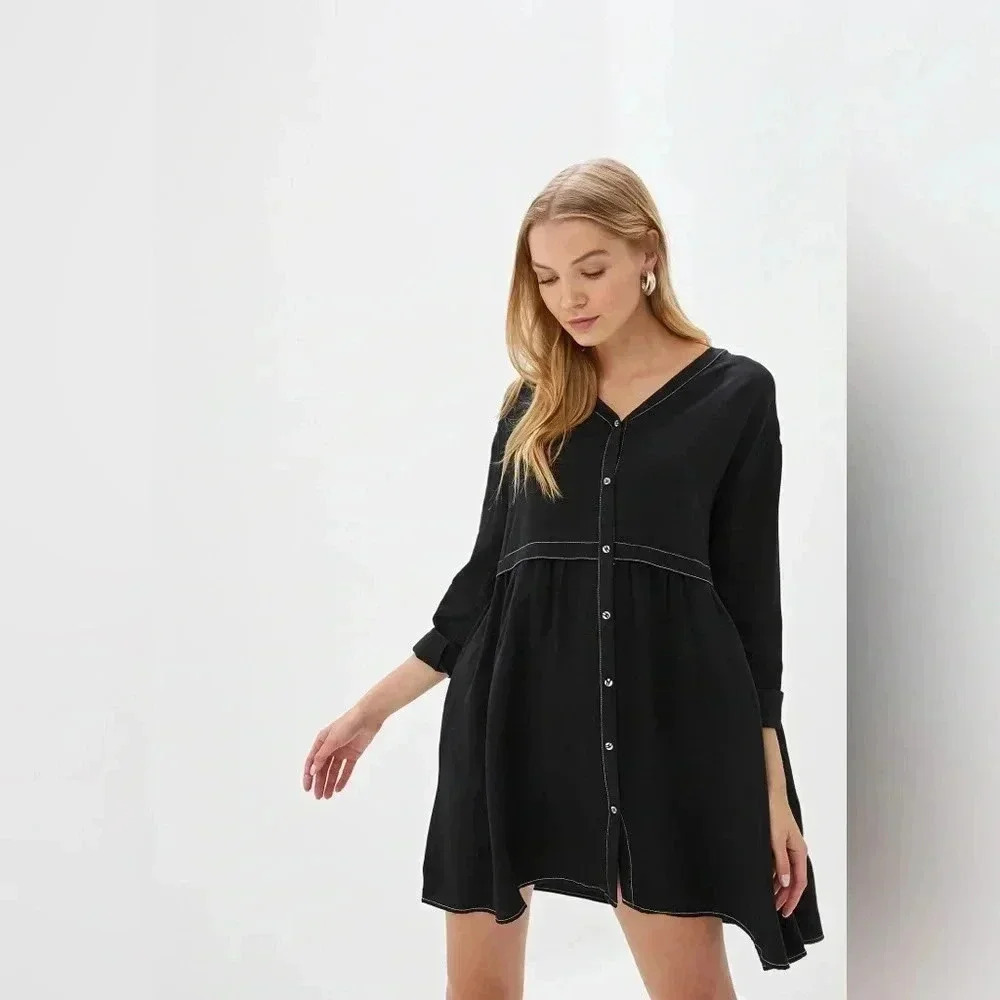 Zara | Z1975 Denim: Black Wool Blend Long Sleeve Mini Shirt Dress/Tunic